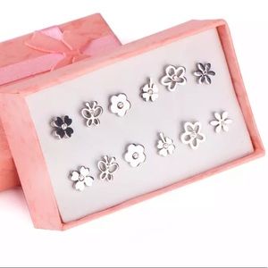 SILVER SPRING FLORAL Stainless Steel 6 Earrings SET With Box